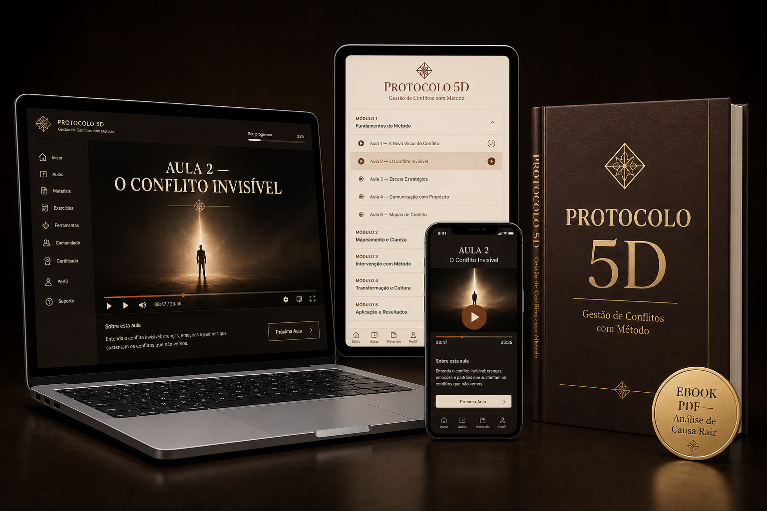 Mockup do Protocolo 5D — laptop, tablet, celular, ebook e selo de bônus