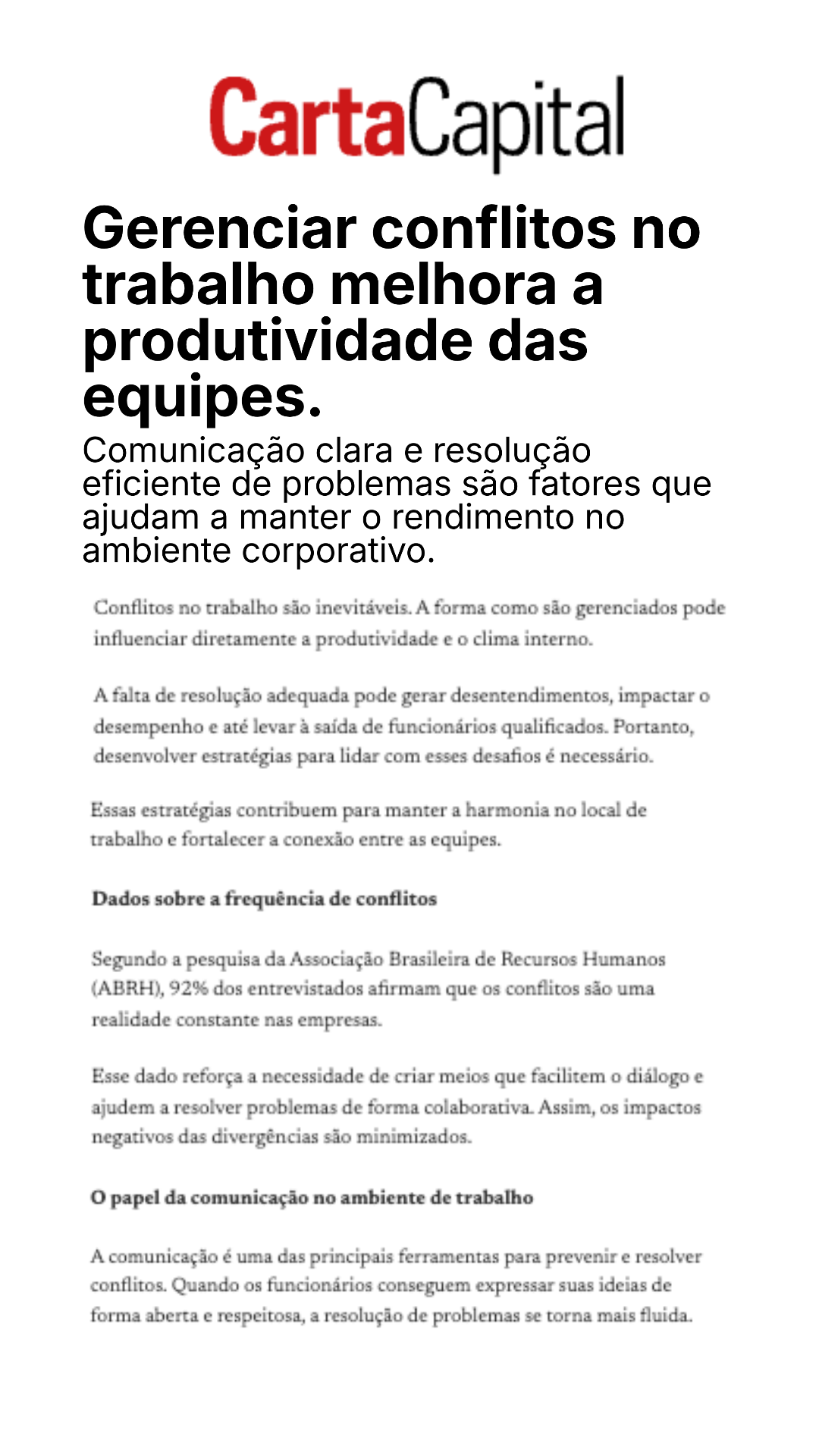 CartaCapital — Gerenciar conflitos no trabalho melhora a produtividade das equipes